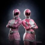  2girls armor belt bodysuit breasts character_request crossed_arms gloves helmet katherine_hillard kimberly_ann_hart looking_at_viewer mighty_morphin_power_rangers mighty_morphin_power_rangers:_once_&amp;_always multiple_girls pink_bodysuit pink_ranger power_rangers tokujay tokusatsu 