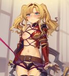  1girl armor bdsm belt belt_buckle bikini_armor black_hairband black_panties black_skirt blonde_hair blue_eyes bondage bound braid broken_armor buckle cad_(caddo) gauntlets granblue_fantasy hair_intakes hairband highres long_hair navel panties pleated_skirt red_armor restrained shibari shibari_over_clothes skirt solo torn_clothes twintails underwear zeta_(granblue_fantasy) 