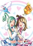  &gt;_&lt; 2girls ;d blue_eyes bow brown_hair green_hair hair_bow heart highres idol interlocked_fingers lisia_(pokemon) may_(pokemon) midriff multiple_girls navel one_eye_closed open_mouth pinguinkotak pink_bow pokemon pokemon_(creature) pokemon_oras skirt smile swablu teeth torchic twintails upper_body upper_teeth_only 