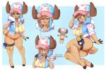  1girl :3 adjusting_clothes adjusting_headwear aged_up animal_ears animal_feet animal_nose antlers arm_at_side arm_up artist_name ass bandaid bandaid_on_knee bandaid_on_leg barefoot blue_background blue_headwear blush body_fur border bottle breasts brown_eyes brown_fur brown_hair buck_teeth chibi chibi_inset cleavage commentary cork corked_bottle crop_top cropped_torso crossed_bandaids deer_ears deer_girl deer_tail drawstring drooling ears_through_headwear english_commentary full_body fur-trimmed_hood fur_trim furry furry_female genderswap genderswap_(mtf) half-closed_eyes hand_up hands_up happy heart heart-shaped_pupils hood hood_down hooded_jacket hooves jacket large_breasts legs legs_together light_blush long_hair looking_at_viewer micro_shorts midriff mouth_drool multiple_views navel one_piece open_clothes open_jacket open_mouth orange_shorts outside_border pocket raglan_sleeves raised_eyebrows reindeer_antlers shirt short_sleeves shorts sidelocks simple_background sitting smile standing stomach striped striped_shirt swept_bangs symbol-shaped_pupils tail teeth teranen thick_thighs thigh_pouch thigh_strap thighs tony_tony_chopper twitter_username upper_body watermark white_border white_sleeves yellow_shirt 