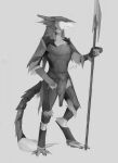  2016 akrolayn ambiguous_gender anthro armor digital_media_(artwork) digital_painting_(artwork) full-length_portrait fur grey_background greyscale headgear helmet hi_res holding_object holding_spear holding_weapon melee_weapon monochrome polearm portrait sergal shoulder_pads simple_background solo spear tail tail_tuft three-quarter_view tuft unavailable_at_source weapon white_body white_fur 
