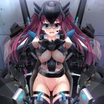  1girl blue_eyes blush bottomless breasts cockpit embarrassed helvetica_std highres mecha mechanical_parts microphone nipples non-web_source olina_volka_(helvetica_std) open_mouth original red_hair robot sitting solo thighs twintails 