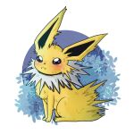  2023 black_nose blue_background blue_eyes digital_drawing_(artwork) digital_media_(artwork) eeveelution feral fur generation_1_pokemon hi_res jolteon leaf looking_at_viewer nezumi_chan nintendo pokemon pokemon_(species) signature simple_background sitting smile smiling_at_viewer solo white_background white_body white_fur yellow_body yellow_fur 