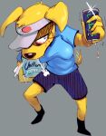  absurd_res adult_swim anthro beverage_can bird_dog bodily_fluids bottomwear breasts breath canid canine canis cartoon_network clothing domestic_dog english_text female freckles fur gassy&#039;s_gas_&#039;n_stuff hat headgear headwear hi_res hunting_dog intense_stare labrador lulu_(gassy&#039;s_gas_&#039;n_stuff) mammal retriever shirt shorts simple_background solo standing sweat t-shirt text tired topwear unknown_artist vein yellow_body yellow_fur 