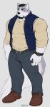  2019 anthro artist_name belt black_hair blue_bottomwear blue_clothing blue_jeans blue_pants blue_topwear blue_vest bottomwear brown_clothing brown_footwear brown_shoes canid canine canis claws clock clothing dated denim denim_clothing dhanisani eye_scar facial_hair facial_scar finger_claws footwear fur goatee grey_body grey_fur hair hi_res jeans long_sleeves male mammal multicolored_body multicolored_fur muscular muscular_anthro muscular_male pants richard_mcgrath scar shirt shoes solo stern_look topwear twitter_handle two_tone_body two_tone_fur vest watch white_body white_fur wolf wristwatch yellow_clothing yellow_shirt yellow_topwear 