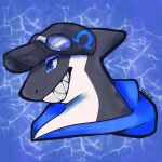  1:1 2023 absurd_res anthro artist_name bared_teeth black_body black_clothing black_hat black_headwear black_scales blue_clothing blue_eyes bust_portrait cetacean chromatic_aberration clothing dated digital_media_(artwork) dolphin hat headgear headwear hi_res kooriki male mammal marine oceanic_dolphin orca pattern_background portrait scales sharp_teeth simple_background solo teeth toothed_whale white_body white_scales 