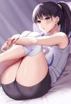  1girl bare_arms bare_shoulders black_eyes black_hair black_shorts blush breasts commentary_request feet_out_of_frame huyumitsu jersey large_breasts long_hair looking_at_viewer lying mole mole_under_mouth on_back original ponytail shorts sleeveless solo thighs 