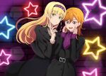  2girls black_coat black_dress blonde_hair blunt_bangs coat dress green_eyes hairband heanna_sumire highres jewelry long_hair looking_at_viewer love_live! love_live!_superstar!! medium_hair multiple_girls necklace orange_hair purple_eyes purple_hairband purple_sweater shibuya_kanon sweater swept_bangs yumel_lot 