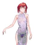  1girl absurdres ange_katrina bare_shoulders bikini bikini_bottom_only breasts china_dress chinese_clothes dress hair_intakes hair_ornament hairclip highres kuroi_suna looking_at_viewer nijisanji red_hair see-through short_hair sketch small_breasts solo standing swimsuit virtual_youtuber white_background 
