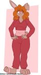  2022 anthro biped breasts buckteeth clothed clothing eyebrow_through_hair eyebrows female front_view fuf grey_body hair hands_on_own_hips hi_res lagomorph leporid long_hair looking_at_viewer mammal one_ear_up orange_hair plantigrade rabbit red_clothing scut_tail short_tail simple_background slippers solo standing tail teeth translucent translucent_hair 