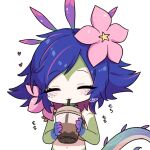 1girl :3 blue_hair colored_skin cup disposable_cup dokumi drinking_straw drinking_straw_in_mouth flipped_hair flower freckles green_skin hair_flower hair_ornament happy holding holding_cup league_of_legends medium_hair neeko_(league_of_legends) pink_flower pink_hair simple_background smile solo tail upper_body white_background 