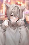  1boy absurdres alternate_costume animal_ears bandaid bandaid_on_face blush fox_ears highres kamisama_hajimemashita kapo kitsune open_mouth plant potted_plant purple_eyes solo sweater tomoe_(kamisama_hajimemashita) white_hair 