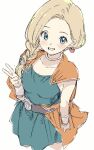  1girl bianca_(dq5) blonde_hair blue_eyes blush braid breasts cape dragon_quest dragon_quest_v earrings gorirago hair_over_shoulder highres jewelry looking_at_viewer medium_breasts neck_ring orange_cape simple_background single_braid solo v white_background 