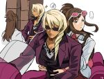  ... 1boy 1girl ace_attorney arms_around_waist black_shirt brown_hair chain_necklace coat collared_shirt ema_skye from_behind half_updo jacket jewelry klavier_gavin lapels light_blush long_hair long_sleeves motor_vehicle motorcycle multiple_views musical_note neckerchief necklace open_collar outline pink-tinted_eyewear pink_shirt pink_wristband profile purple_jacket red_neckerchief rem_(eyes_410) shirt signature simple_background sleeves_rolled_up sparkle spoken_ellipsis spoken_musical_note suit_jacket sunglasses tinted_eyewear white-framed_eyewear white_background white_coat white_outline 