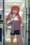  1girl absurdres bag blue_shorts blush breasts camisole cleavage commentary_request convenience_store feet_out_of_frame food grey_jacket grocery_bag hanagamigendai hand_up highres holding holding_bag holding_food holding_ice_cream ice_cream jacket long_hair looking_at_viewer open_clothes open_jacket open_mouth original pink_camisole red_eyes red_hair shop shopping_bag short_shorts shorts small_breasts solo standing 