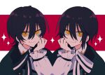  2boys black_hair black_ribbon brothers closed_mouth collared_shirt frilled_sleeves frills green_jacket hair_between_eyes hand_on_own_cheek hand_on_own_face inagoinaire jacket long_sleeves mahoutsukai_no_yakusoku male_focus multiple_boys neck_ribbon red_background ribbon ringed_eyes shirt short_hair siblings simple_background smile snow_(mahoutsukai_no_yakusoku) sparkle_background striped striped_ribbon twins white_(mahoutsukai_no_yakusoku) white_background white_ribbon white_shirt yellow_eyes 