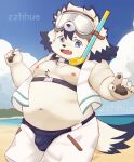  absurd_res anthro beach belly blue_eyes bottomwear bulge canid canine canis clothing domestic_dog eyewear floppy_ears fur goggles hi_res male mammal moobs navel nipples overweight pawpads seaside shorts snorkel solo tajima_(tamacolle) tamacolle white_body white_fur zzhue 