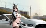  1girl absurdres animal_ear_fluff animal_ears atago_(azur_lane) atago_(stunning_speedster)_(azur_lane) azur_lane bikini black_bikini breasts brown_hair brown_thighhighs building car checkered_clothes city commentary country_connection cowboy_shot cuff_links day dog_ears elbow_sleeve extra_ears finger_to_mouth flag ford ford_mustang hair_between_eyes hair_ribbon highres holding holding_umbrella kcar66t large_breasts linea_alba long_hair looking_at_viewer micro_bikini mole mole_under_eye motor_vehicle muscle_car official_alternate_costume orange_eyes outdoors power_lines race_queen real_world_location reflection revision ribbon shrug_(clothing) shushing skindentation sleeve_cuffs solo sports_car standing stomach swimsuit thick_thighs thighhighs thighs tokyo_(city) tokyo_tower tree two-tone_bikini umbrella underboob utility_pole very_long_hair white_ribbon white_umbrella wrist_cuffs 