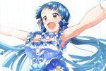 1girl :d arm_scrunchie armpits bare_shoulders bead_necklace beads blue_flower blue_hair blush breasts brown_eyes choker cleavage collarbone dress earrings flower frilled_dress frills hair_flower hair_ornament hands_up highres idolmaster idolmaster_million_live! idolmaster_million_live!_theater_days jewelry kitakami_reika long_hair looking_at_another low_twintails medium_breasts necklace open_mouth outstretched_arms sash simple_background sleeveless sleeveless_dress smile solo takumi_(scya) twintails upper_body very_long_hair water_drop white_background white_choker white_dress white_sash 