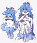  anthro blue_body blue_eyes blue_hair cape clothed clothing crown dragon dress duo female hair headgear hi_res horn kemono off_shoulder open_mouth open_smile paws scepter sitting smile standing yagi_the_goat 