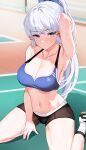  1girl absurdres armpits arms_behind_head bare_shoulders blue_eyes blue_hair blunt_bangs blush breasts buruma cleavage collarbone genshin_impact hair_ornament hair_ribbon highres kamisato_ayaka large_breasts lessone light_blue_hair long_hair looking_at_viewer midriff mole mole_under_eye navel outdoors parted_lips ponytail ribbon shoes sidelocks sitting socks solo sports_bra thighs tress_ribbon wariza 