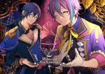 2boys absurdres black_vest blue_eyes blue_hair blue_nails blue_shirt closed_mouth coat collared_shirt commentary_request countdown domco frilled_sleeves frills gloves headphones highres kaito_(vocaloid) kamishiro_rui long_sleeves looking_at_viewer male_focus multicolored_hair multiple_boys official_art one_eye_closed phonograph pink_shirt project_sekai purple_coat purple_hair red_eyeliner ribbon shirt smile streaked_hair vest vocaloid white_gloves wonderlands_x_showtime_kaito yellow_eyes yellow_ribbon 