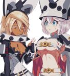  2girls bbhdrrr belt_bra black_gloves blonde_hair blue_eyes bracelet breasts cleavage cleavage_cutout clothing_cutout collar cosplay dark-skinned_female dark_skin elphelt_valentine elphelt_valentine_(cosplay) fingerless_gloves gloves guilty_gear guilty_gear_xrd hairband highres jewelry long_sleeves medium_hair multiple_girls orange_eyes ramlethal_valentine ramlethal_valentine_(cosplay) siblings sisters spiked_bracelet spiked_collar spiked_hairband spikes white_hair white_headwear 