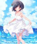  1girl ahoge black_hair blue_sky blush breasts cleavage closed_eyes cloud collarbone cowboy_shot dot_nose dress hat highres holding holding_clothes holding_dress medium_breasts melonbooks ocean original short_hair sky smile straw_hat sundress u35 waves 