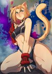  angry animal_ears blonde_hair blue_eyes blurry blurry_background blush cammy_white cat_ears cat_tail choker fighting_stance fingerless_gloves gloves highres kinkymation official_alternate_costume scar short_hair sitting sports_bikini sports_bra street_fighter street_fighter_6 tail underwear 