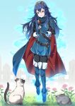  1girl ameno_(a_meno0) aura blue_eyes blue_hair boots cape cat day fence fingerless_gloves fire_emblem fire_emblem_awakening fire_emblem_engage flat_chest gloves grass grin long_hair long_sleeves lucina_(fire_emblem) outdoors pantyhose rabbit smile solo symbol-shaped_pupils thigh_boots tiara 
