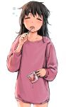  1girl =_= black_hair blush brushing_teeth closed_eyes collarbone cowboy_shot cup d: dripping drooling english_commentary facing_viewer food_print highres holding holding_cup holding_toothbrush messy_hair mixed-language_commentary mug no_pants open_mouth original pink_sweater print_cup ryuunosuke_(luckyneco) saliva simple_background sleepy solo strawberry_print sweater thick_eyebrows toothbrush water white_background 
