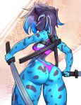  amphibian anthro big_butt blue_body blue_skin bra butt clothing dual_wielding female frog holding_object holding_weapon katana looking_at_viewer looking_back looking_back_at_viewer melee_weapon poison_dart_frog rear_view solo sports_bra sword thefuckingdevil thong undercut underwear weapon weapon_sheath 