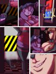  absolute_territory anthro bear belt big_breasts black_nose bonnie_(cally3d) bonnie_(fnaf) breast_squish breasts brown_body brown_fur brown_hair buckteeth cleavage clothed clothing comic duo ears_down exclamation_point eye_contact eyeshadow female female/female fingerless_gloves five_nights_at_freddy&#039;s freddy_(fnaf) fredina_(cally3d) fur gloves grin gryvvath hair hand_on_hip handwear hat headgear headwear hi_res huge_breasts inside lagomorph leporid looking_at_another makeup mammal pivoted_ears purple_body purple_fur purple_hair question_mark rabbit scottgames smile squish standing teeth thick_thighs wide_hips 