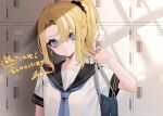  1girl bag bebe_(bebe_pp) black_sailor_collar blonde_hair blue_eyes blue_necktie countdown medium_hair necktie official_art sailor_collar school_bag school_uniform seishun_buta_yarou serafuku side_ponytail sidelocks solo toyohama_nodoka 