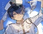  1boy blonde_hair blue_sky cloud cloudy_sky ensemble_stars! gloves hair_over_one_eye hat jacket male_focus multicolored_hair official_alternate_costume one_eye_covered or_i peaked_cap pirate_festival_(ensemble_stars!) purple_hair sailor salute sengoku_shinobu short_hair sky solo white_gloves white_headwear white_jacket yellow_eyes 