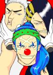  3boys absurdres animal_ears asymmetrical_bangs blue_hair buggy_the_clown cabaji clown_nose facial_hair facial_mark gloves hair_over_one_eye highres looking_at_viewer low_ponytail male_focus medium_hair miso30744410 mohji multicolored_hair multiple_boys one_eye_covered one_piece ponytail red_background red_nose smile teeth two-tone_hair white_gloves white_hair 