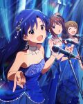  3girls blue_dress blue_hair breasts brown_eyes brown_hair cleavage dress idolmaster idolmaster_(classic) idolmaster_million_live! idolmaster_million_live!_theater_days kisaragi_chihaya long_dress long_hair miyao_miya multiple_girls music official_art open_mouth side_ponytail singing tiara yokoyama_nao 