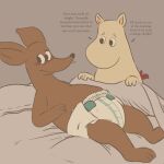  anthro bed blush clean_diaper clothed clothing dialogue diaper diaper_only digital_media_(artwork) dinopalcooper duo english_text female furniture hi_res hybrid lying male mammal moomin moominmamma on_back simple_background sniff_(moomin) text the_moomins topless wearing_diaper 