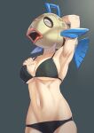  1girl animal_head arm_up armpits bikini black_bikini breasts collarbone commentary_request feebas fingernails fish_head grey_background hand_up highres large_breasts navel pokemon presenting_armpit sho_bu_1116 solo stomach swimsuit what 