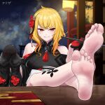  1girl barefoot blonde_hair breasts crossed_legs efreezerarts feet feet_on_table foot_focus foreshortening gloves highres holding holding_clothes holding_footwear holding_shoes hololive hololive_indonesia jewelry kaela_kovalskia kaela_kovalskia_(2nd_costume) large_breasts legs looking_at_viewer medium_hair red_eyes red_gloves shoes shoes_removed sitting smell smile soles solo steaming_body sweat sweaty_foot toenails toes virtual_youtuber 