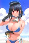  1girl arm_under_breasts beach beret bikini black_gloves black_hair blue_bikini blue_headwear blue_sky blush breasts cleavage closed_mouth gloves happa_(cloverppd) hat highres holding kantai_collection large_breasts looking_at_viewer red_eyes shore short_hair sky solo swimsuit takao_(kancolle) upper_body 