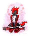  4:5 abstract_background armwear blush bukmar claws clothing collar fur grey_body grey_fur hi_res kneeling legwear looking_at_viewer maid_uniform male maslina red_body red_eyes red_fur sergal solo spiked_collar spikes teeth thigh_highs uniform 