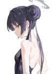  1girl backless_dress backless_outfit bare_shoulders black_dress black_eyes black_hair blue_archive breasts china_dress chinese_clothes closed_mouth dress from_side hair_bun halo highres kisaki_(blue_archive) long_hair looking_at_viewer multicolored_hair nariku profile purple_hair simple_background small_breasts solo twintails upper_body white_background 