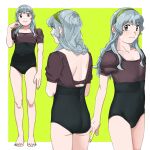  1girl alternate_costume ass back backless_outfit bare_legs barefoot black_one-piece_swimsuit blush braid brown_shirt closed_mouth collarbone covered_navel cowboy_shot feet flat_chest from_behind full_body green_background green_hairband grey_eyes grey_hair hairband highres kantai_collection long_hair looking_at_viewer multiple_views ojipon one-piece_swimsuit shirt short_sleeves sidelocks simple_background single_braid smile standing swimsuit toes two-tone_swimsuit wavy_hair yamagumo_(kancolle) 