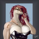  absurd_res annoyed big_breasts breasts clothing detailed female gynomorph hair hazed01 hi_res intersex ivy_(ivy) ivy_amani latex lingerie long_hair long_neck muscular portrait python red_hair reptile scalie signature snake solo yellow_sclera 