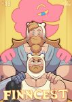  2boys adventure_time all_drawparty bara beard cover cover_page doujin_cover facial_hair finn_the_human hand_on_another&#039;s_shoulder height_difference highres large_pectorals long_beard long_hair male_focus mature_male multiple_boys muscular muscular_male paid_reward_available pectoral_cleavage pectorals prismo selfcest short_hair sparse_chest_hair tank_top thick_eyebrows tied_beard time_paradox upper_body white_tank_top yaoi 