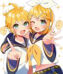  1boy 1girl arm_around_shoulder black_sleeves blonde_hair blue_eyes blush brother_and_sister cheek-to-cheek commentary_request detached_sleeves hair_between_eyes hair_ornament hair_ribbon hairclip headphones heads_together highres kagamine_len kagamine_rin mamec0s midriff_peek nail_polish navel neckerchief one_eye_closed open_mouth ribbon sailor_collar shirt short_hair siblings sleeveless sleeveless_shirt sparkle speech_bubble swept_bangs translation_request twins upper_body vocaloid white_background white_ribbon white_shirt yellow_nails yellow_neckerchief 