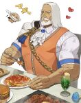  1boy ascot bara beard blue_eyes brooch burger cape cherry chibi chibi_inset eating facial_hair food fork fruit heart highres holding holding_fork ice_cream ice_cream_float jewelry jp_(street_fighter) large_pectorals long_hair male_focus mature_male muscular muscular_male mushroom mustache pasta pectorals print_shirt sa1k0p shirt sitting solo spaghetti steak street_fighter street_fighter_6 table thick_eyebrows thick_mustache translation_request veins vest white_hair 
