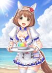  1girl alternate_costume animal_ears aonuma_kiyoharu beach bikini braid breasts brown_hair cleavage collarbone commentary_request crown_braid ear_covers food hair_ornament headband highres holding holding_tray horse_ears horse_tail lens_flare looking_at_viewer medium_breasts ocean open_mouth outdoors shaved_ice sky solo swimsuit tail thighhighs translation_request tray umamusume waitress yukino_bijin_(umamusume) 