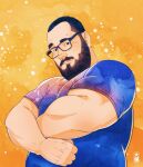  1boy bara beard belly black_hair daisukebear facial_hair fat fat_man forearms from_below glasses highres large_pectorals light_smile looking_at_viewer male_focus mature_male muscular muscular_male orange_background original pectorals realistic receding_hairline shirt short_hair solo stomach t-shirt thick_mustache upper_body 